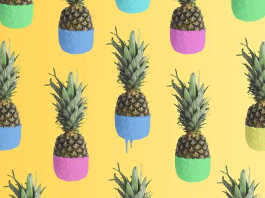 Sarı arka plan üzerinde renkli yarım ile olgun ananas set 