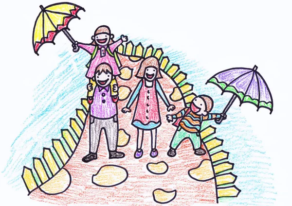 Childs kleurpotlood tekening van hun familie — Stockfoto