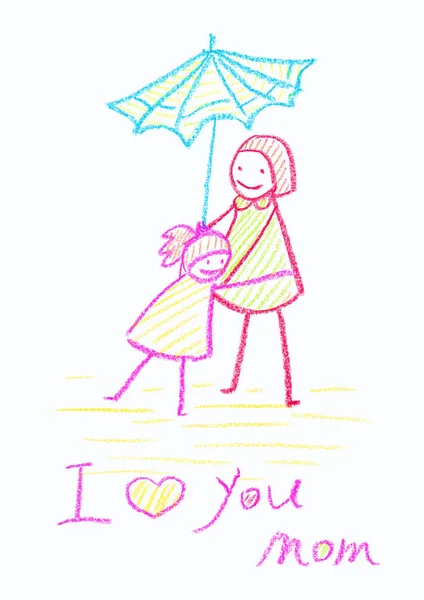 Desenho de lápis de cera de crianças de um cartão de Dia de Mãe — Fotografia de Stock