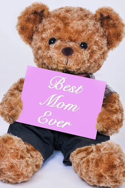泰迪熊抱着粉红色签署过最佳妈妈说 — 图库照片