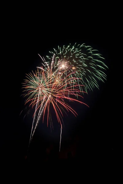 Hermosos fuegos artificiales muestran luces hasta el cielo de la noche —  Fotos de Stock