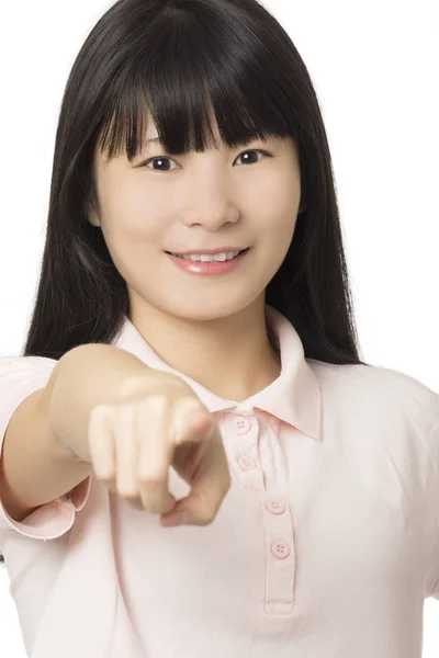 Портрет китайський американської жінкою, ізольовані на білий backgroun — стокове фото