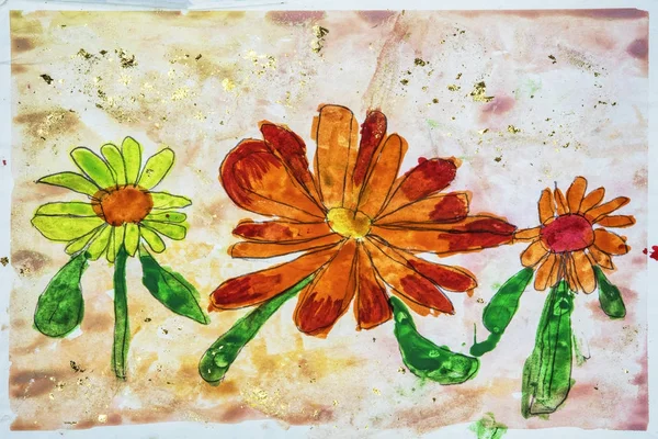 Childs watercolor drawing of flowers — Stock Photo, Image