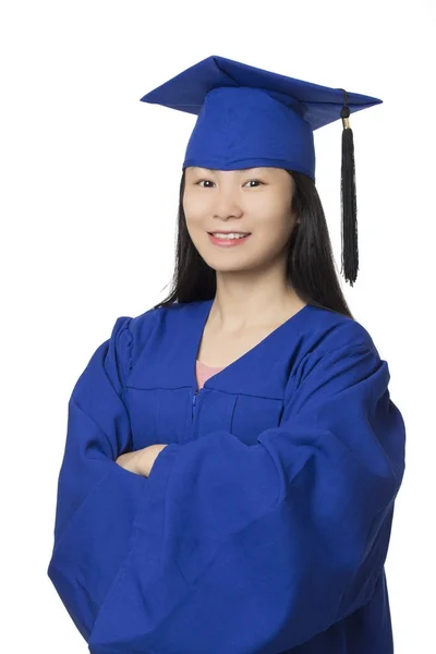 Portrait Asian American Woman Wearing Blue Graduation Rown Isolated White — Stock Photo, Image