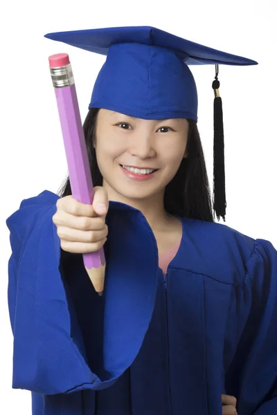 Asian Woman Dressed Blue Graduation Gown Holding Gaint Pencil Isolated — Stock Photo, Image