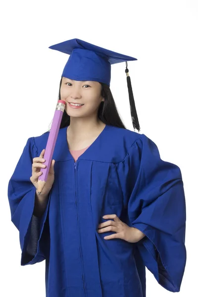 Asian Woman Dressed Blue Graduation Gown Holding Gaint Pencil Isolated — Stock Photo, Image