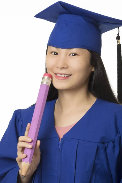 Asian woman wearing blue graduation holding  pencil isolated whi — Stock Photo, Image