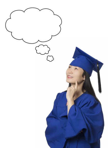 Asian woman deep in thought wearing graduation gown isolated whi — Stock Photo, Image