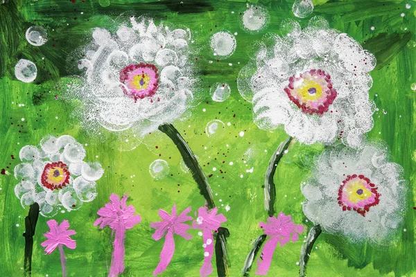 Childs acrylic painting of flowers — Stock Photo, Image