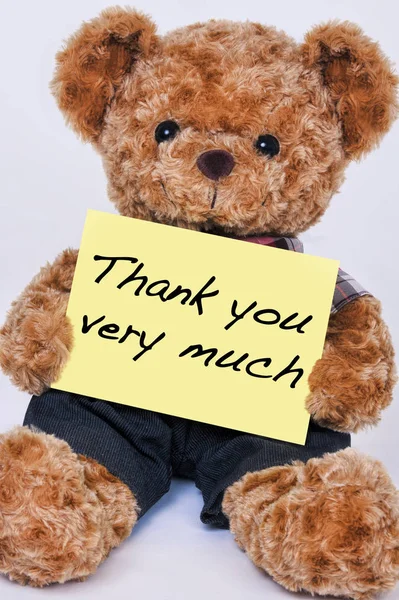 Teddy bear holding a sign that reads Thank you very much isolate — Stock Photo, Image