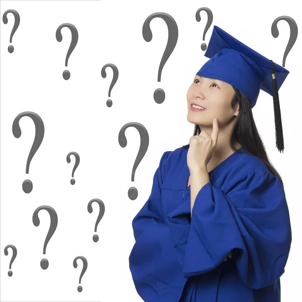 Asian woman deep in thought wearing graduation gown isolated whi — Stock Photo, Image