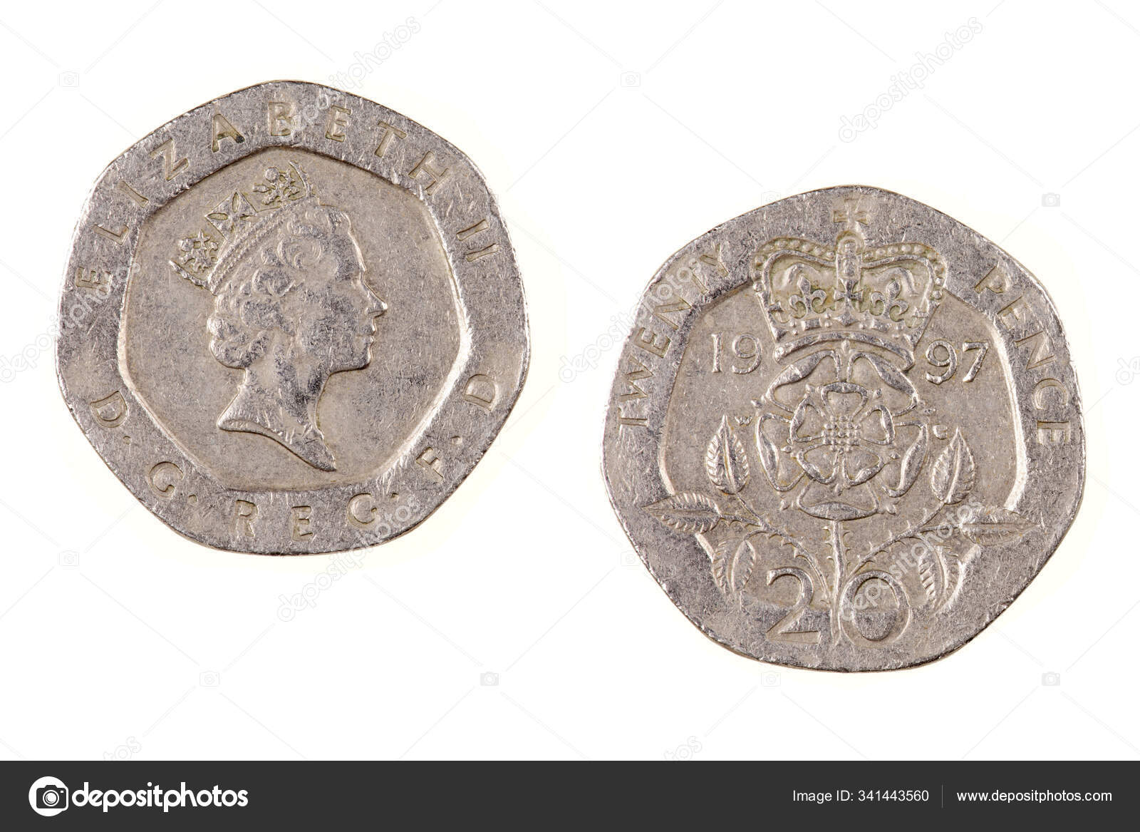 英国20便士硬币，白色背景分离——图库图片© dndavis #341443560