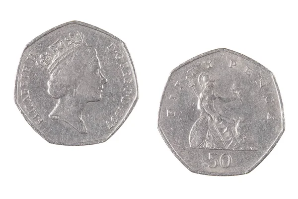 Britânico 50 Pence Coins isolado em um fundo branco — Fotografia de Stock