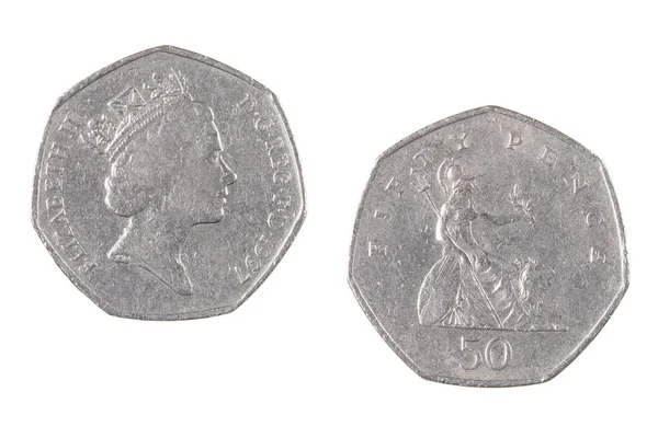 British 50 Pence Pièces isolées sur un fond blanc — Photo