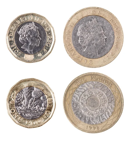 Obverse side of both  British One and Two pound coins — 스톡 사진