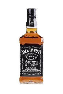Guilin, Çin 8 Mart 2020 Beyaz arka planda izole edilmiş Jack Daniel 'in ekşi viski şişesi.