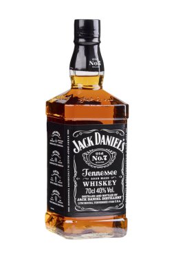 Guilin, Çin 8 Mart 2020 Beyaz arka planda izole edilmiş Jack Daniel 'in ekşi viski şişesi.