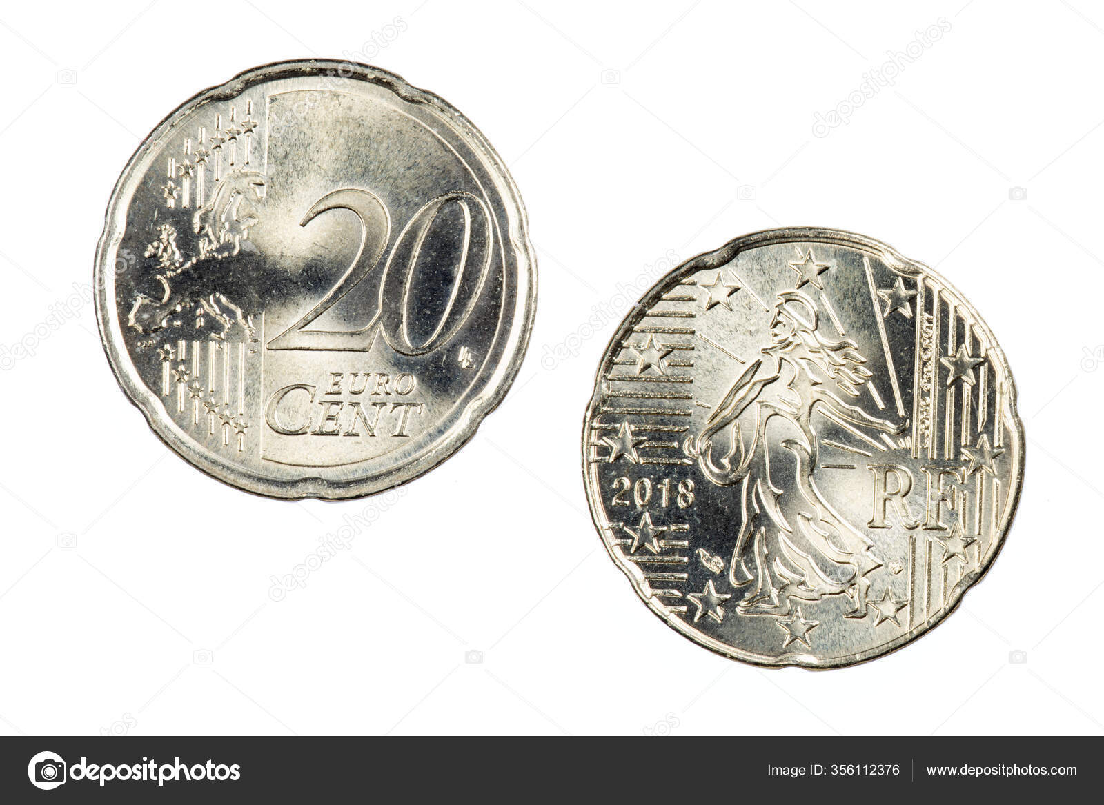 20美分欧元硬币的正面和背面与白色背景隔离——图库图片© dndavis #356112376