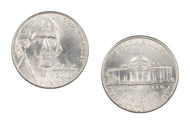Front and back of an American nickel isolated on a white background clipart