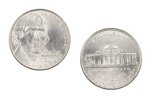 Front Back American Nickel Isolated White Background — Stock Photo, Image