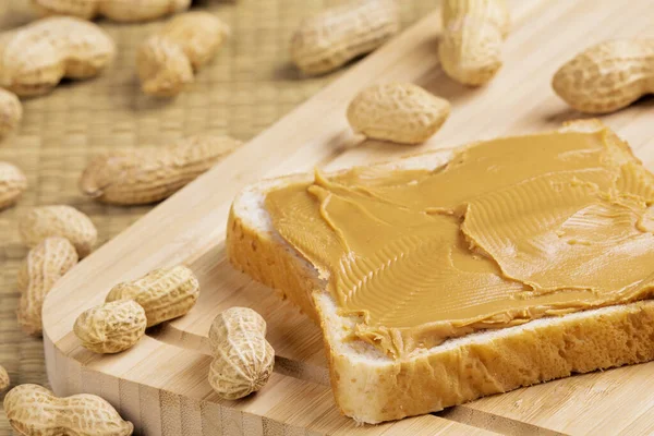 Delicious Peanut Butter Sandwich Wooden Background Peanuts — Stock Photo, Image