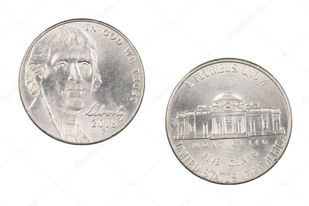 Front and back of an American nickel isolated on a white background
