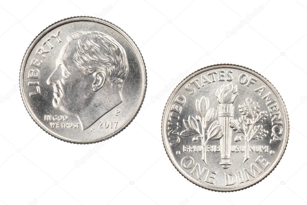 Front and back of an American dime isolated on a white background