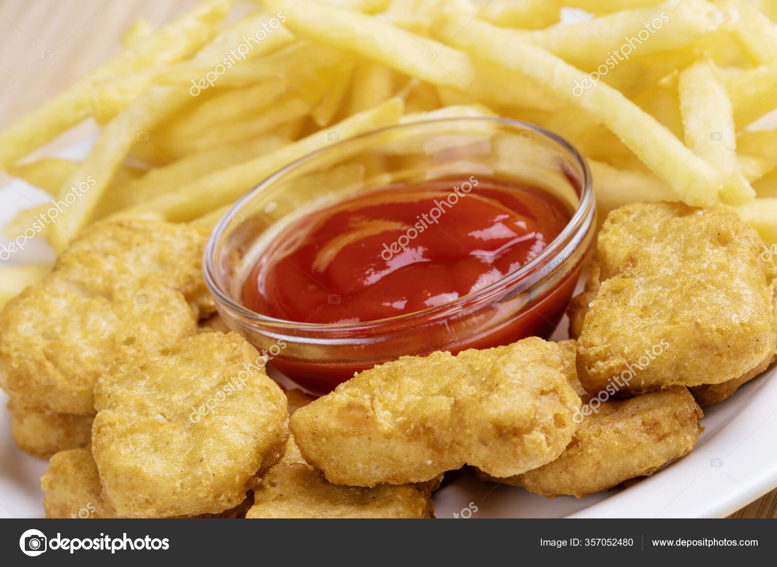 Close Delicious Chicken Nuggets French Fries Ketchup ⬇ Stock Photo