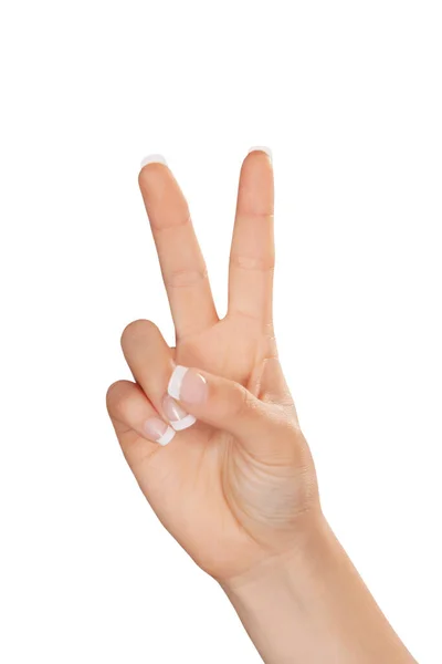 Caucasian Woman Using Hand Index Finger Hand Gesture Number Ywo — Stock Photo, Image