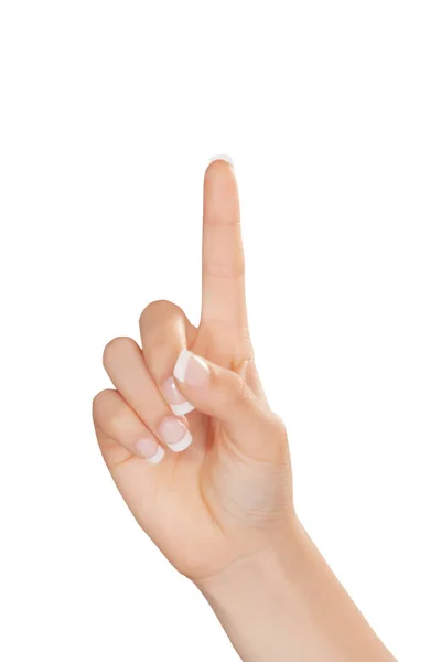 Белая Женщина Используя Руку Указательный Палец Руке Жест Номер Один — стоковое фото
