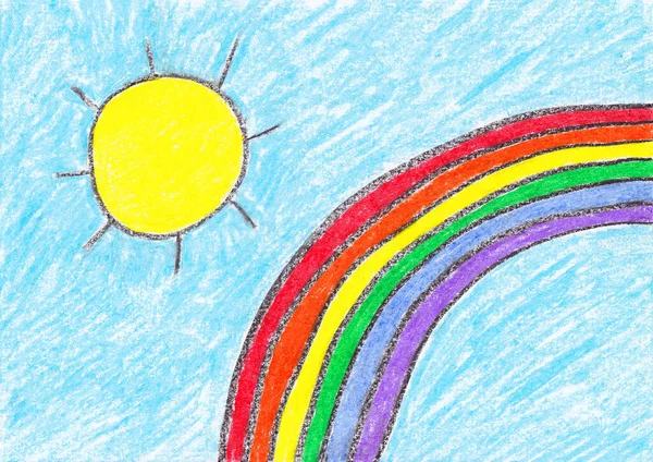 Dibujo Simple Del Niño Del Sol Arco Iris — Foto de Stock