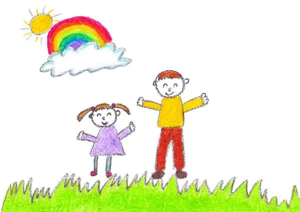 Desenho Simples Criança Sua Família Com Fundo Branco — Fotografia de Stock