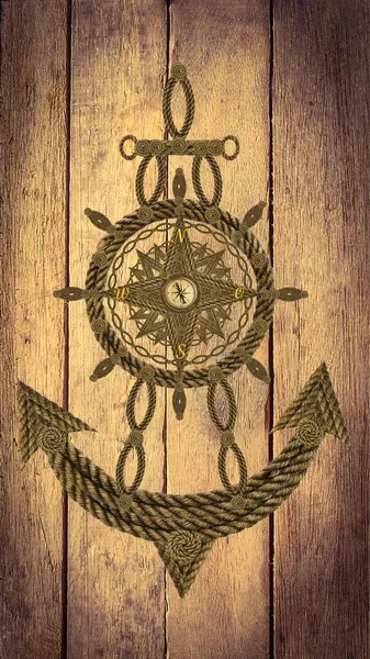 Kompas Kotwica Koła Drewno — Zdjęcie stockowe