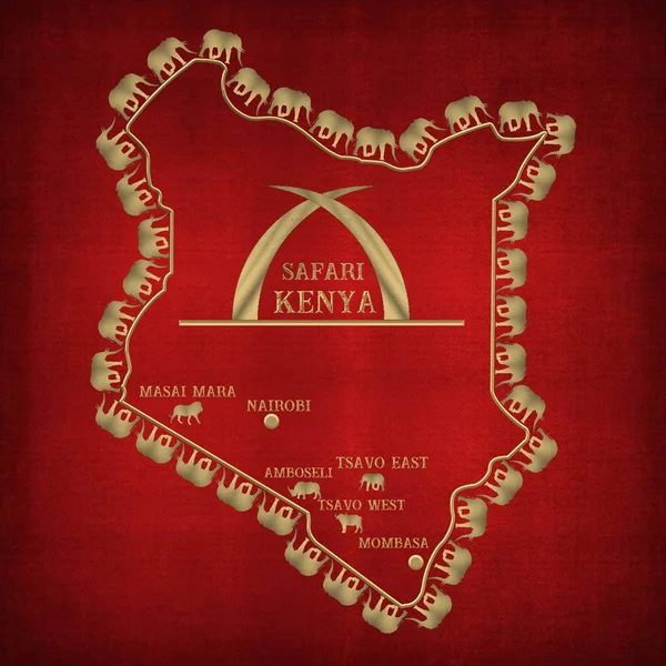 带有金象头的肯尼亚的颜色和地图 — 图库照片