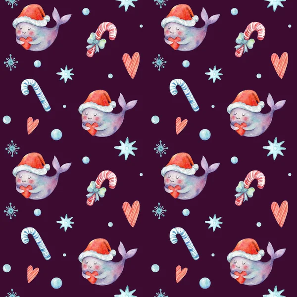 水彩かわいいクリスマス柄 暗い背景を持つシームレスな冬のパターン クリスマスの装飾 キャンディーの杖 クリスマスの帽子 雪の結晶 かわいい赤ちゃんクジラ ベビーシャワーデザイン ジェンダー パーティー — ストック写真