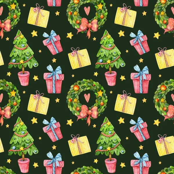 暗い背景と水彩クリスマスシームレスパターン クリスマスツリー クリスマスギフトボックス 新年の水彩の背景 ギフトペーパーに最適です — ストック写真