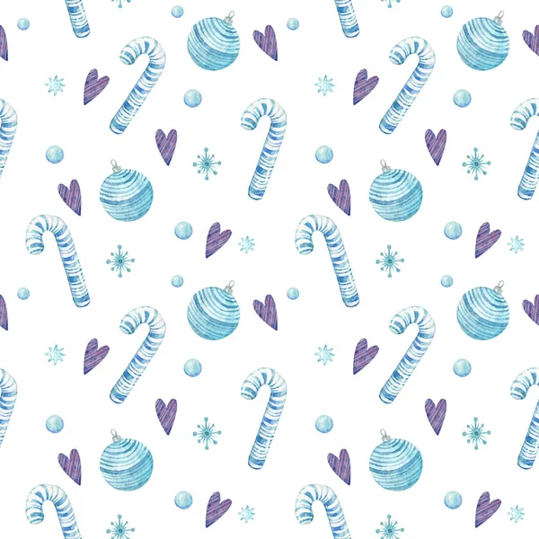 水彩画圣诞无缝图案 圣诞球 糖果手杖 白色背景中孤立的圣诞元素 蓝色圣诞元素 冬季无缝背景 数字纸 — 图库照片