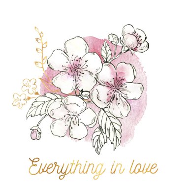 Altın çiçekli suluboya kiraz çiçeği aşk kartı. Her şey aşık. Pembe sakura. Sevgililer günü kartı, düğün davetiyesi, anneler günü kartı. Kopyalama alanı olan çiçek arkaplanı.