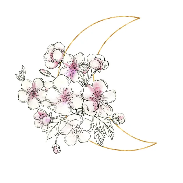 Watercolor illustration with pink cherry blossom and golden crescent. Love card with sakura, romantic valentines card. Wedding invitation. Flowers background with copy space. Delicate flowers line art