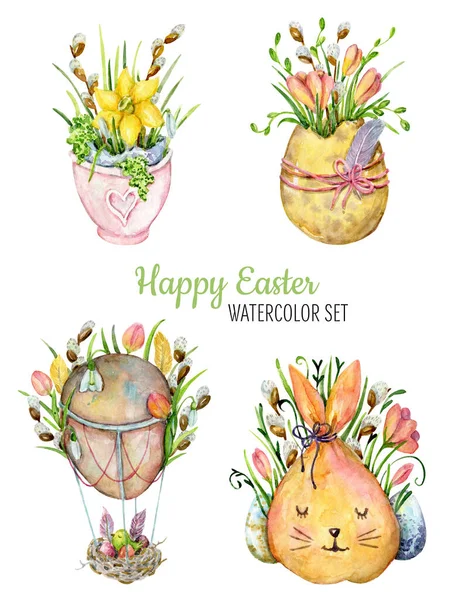Sada akvarelových jarních ilustrací. Veselé Velikonoce. Roztomilé skladby s jarními květinami, vejci, vrbovými větvemi, velikonočním zajíčkem, peřím. Ideální pro pohlednice a velikonoční návrhy — Stock fotografie