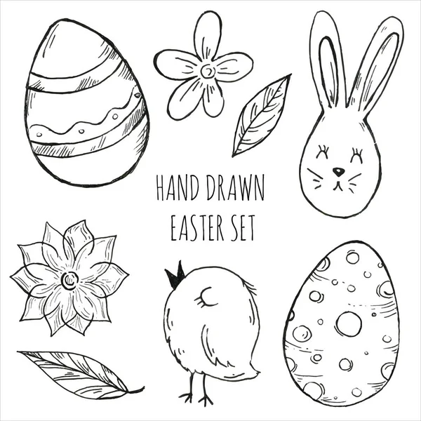 Feliz Páscoa. Doodle definir mão desenhado símbolos de férias. Coleção de férias de Páscoa. Cartão de Páscoa vetorial e elementos desenhados à mão: coelho, ovos, flores e frango . — Vetor de Stock