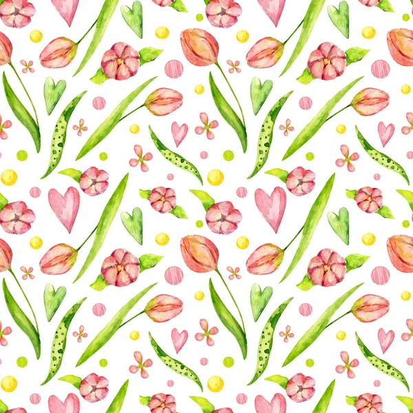 用郁金香 叶和心雕琢粉色无缝图案 浪漫的春花背景 花朵在白色的背景上被隔离 印刷品 纺织品 情人节的精美图案 — 图库照片