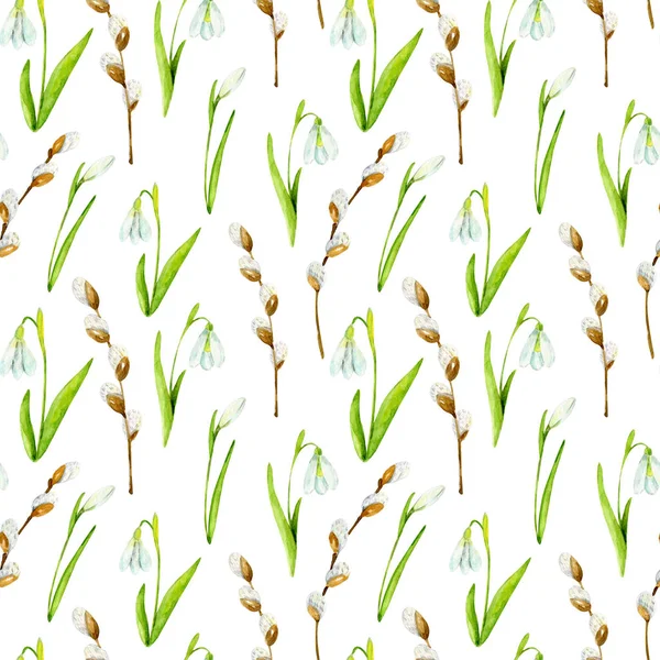 用精致的雪花和柳枝雕琢清澈的春天花纹 绿色的花朵背景 孤立在白色上 最适合纺织品和印刷品 — 图库照片