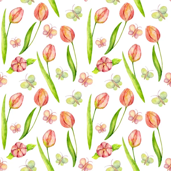 Watercolor seamless pattern with tulips and butterflies. Spring flowers background. Cute cartoon floral pattern. Perfect for the textile, fabric, wedding decoration, mothers day.