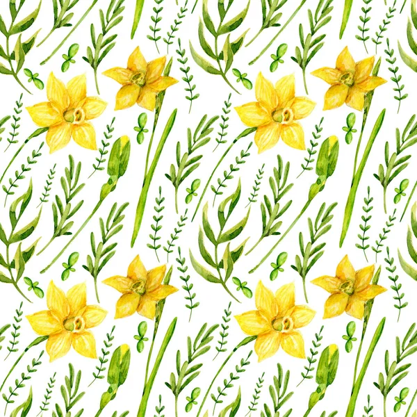 Aquarel Naadloos Bloemenpatroon Bloemen Achtergrond Gele Lentebloemen Narcissen Bladeren Bloemen — Stockfoto