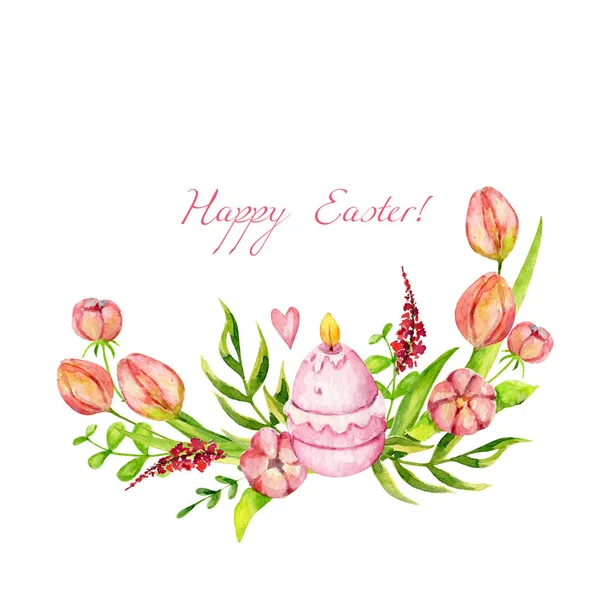 Watercolor Easter Banner Spring Flowers Easter Eggs Candle Herbs Flower — Stock Photo, Image