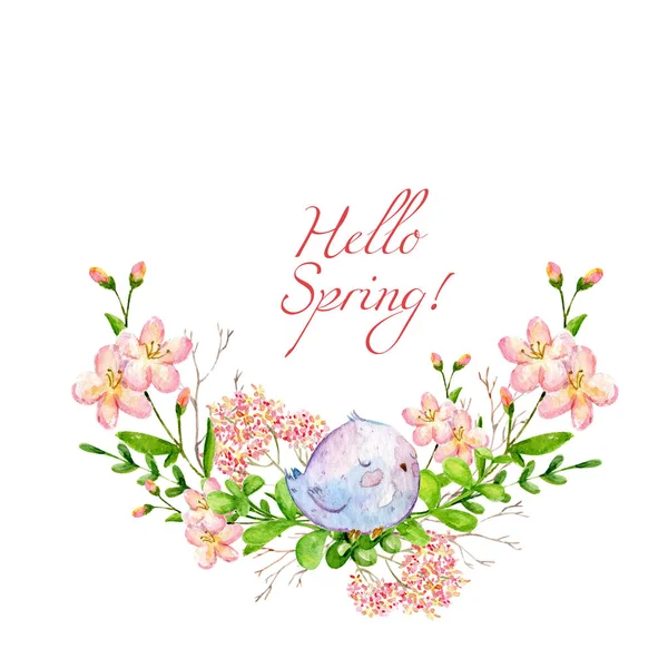Aquarel Voorjaar Illustratie Met Kersenbloesem Vogel Hallo Lente Heldere Bloemen — Stockfoto