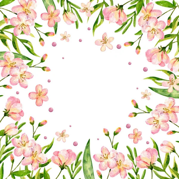 水彩四角形の桜のフレーム 甘い手描きのデザイン カード 招待状 ウェブ その他のデザインの場合 ピンクの桜の花の背景 ロマンチックなカード結婚式の招待状 テキストの場所 — ストック写真