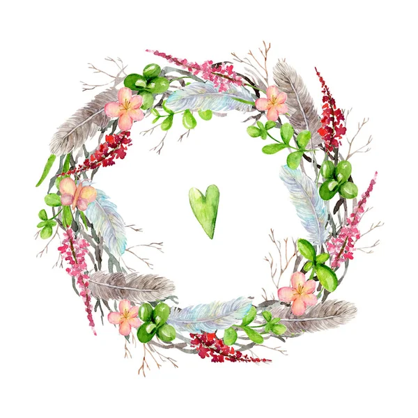 Watercolor spring colorful wreath with flowers, leaves, green heart, feathers and branches.  Spring wreath isolated in the white background. Valentines day concept. Cute romantic frame with copy space