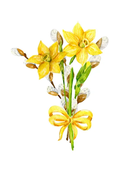 Watercolor Spring Bright Bouquet Narcissus Willow Branches Yellow Bow Spring — Stock Photo, Image
